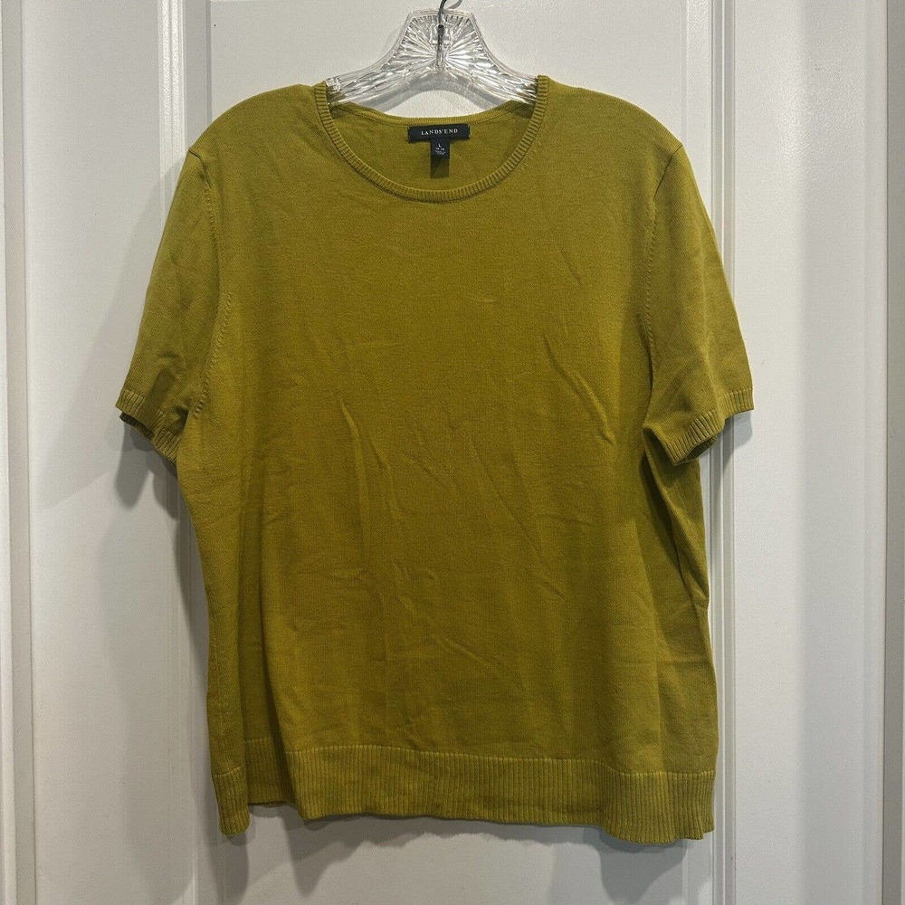 Lands End Womens Large Cotton Green Short Sleeve Tee Baumwolle Soft Modest Knit